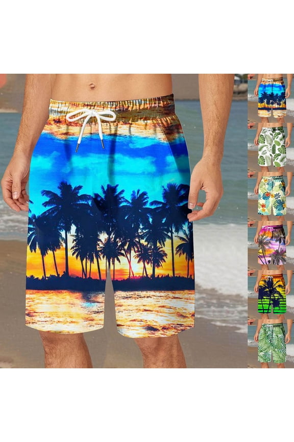 Men's Swim Trunks Slim Fit Palm Tree Print Quick Dry Spring Break Swim Trunks with Pockets Anti-Chafe Mens Summer Clothes