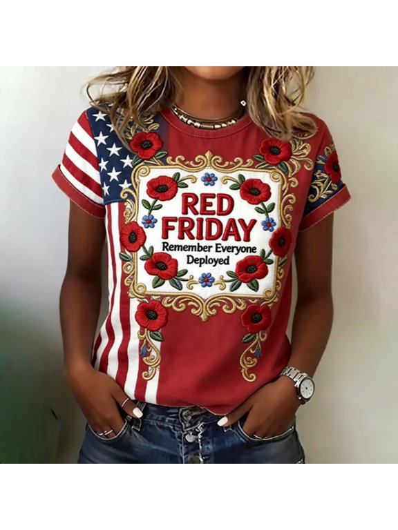 On Friday We Wear Red Friday Support Troops Patriotic American US Flag T-Shirt for Women