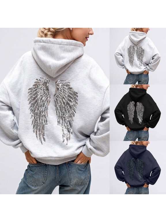 Sequin Angel Wings Hoodie Women Long Sleeve Sweatshirt Baggy Drawstring Sweat Shirt Casual Fall Winter Wear with Pocket