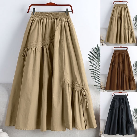 XINPING Summer Skirts for Women Cotton Fashion Polka Dot Comfort Coverage Flowy Maxi Skirt Summer Boho Pleated Beach Long Skirts with Pockets