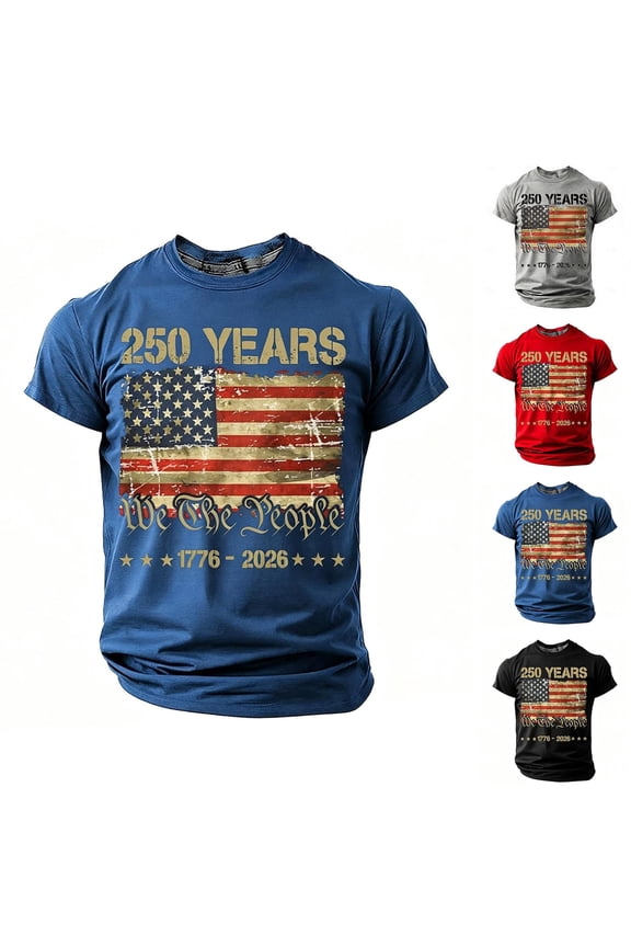 USA 250th Anniversary Merchandise Men’s 250 Years Patriotic T-Shirt, Crew Neck Short Sleeve Casual Tee, Independence Day Print 4Th of July American Flag Patriotic Shirts