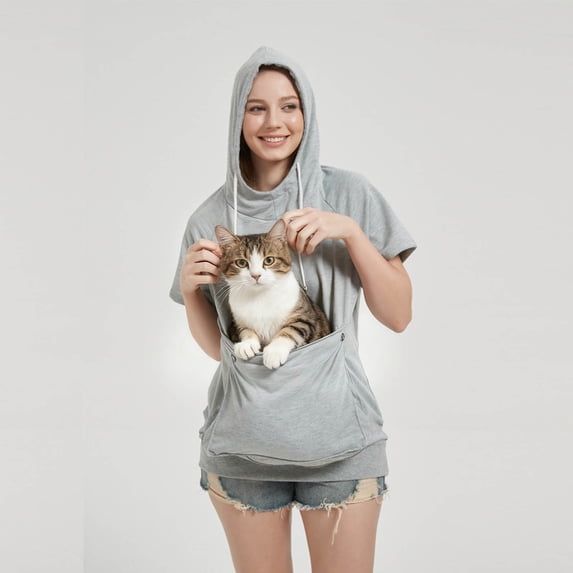 XINPING Unisex Big Pouch Hoodie Short Sleeve Pet Cat Dog Puppy Holder Carrier Thin Sweatshirt Oversized Small Animal Carrier Sweatshirt for Women Men