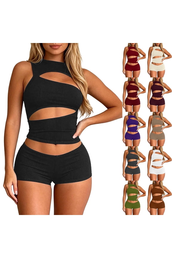 Women’s 2 Piece Outfits Sexy Sleeveless Crew Neck Cut Out Crop Top Bodycon Shorts Set Night Out Club Y2k Outfits Streetwear for Party Wear