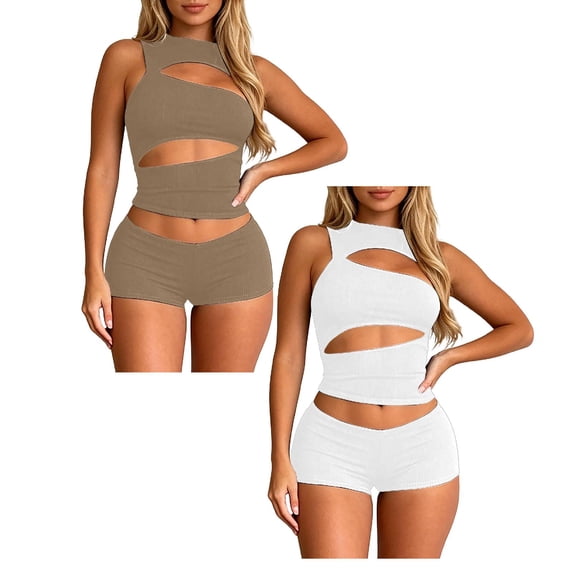 XINPING Women’s 2 Piece Outfits Sexy Sleeveless Cut Out Crop Top Bodycon Shorts Set Night Out Club Y2k Outfits Streetwear Casual Summer Going Out Outfits 2026