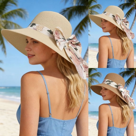 XINPING Women's Beaded Straw Sun Hat, Wide Brim UV Protection Beach Vacation Hat with Colorful Bead Detail for Stylish Summer Wear and Travel