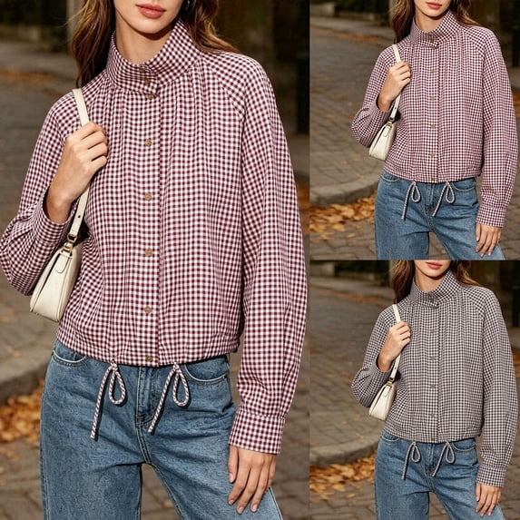 XINPING Women's Cropped Plaid Jacket Lightweight Casual Coat Bomber Gingham Windbreaker Jacket, Vintage Stand Collar, Long Sleeve, Loose Fit, Fall Winter Dailywear with Pockets