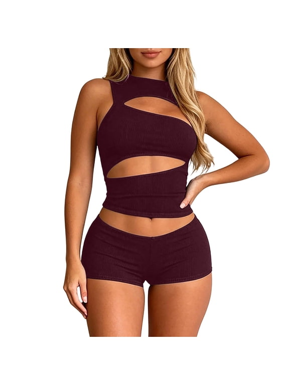 Women’s Micro Mini 2-Piece Set Sleeveless Cut Out Crop Top Bodycon Shorts Set Night Out Club Y2k Streetwear Workout Shorts Sets, Casual Summer Going Out Outfits