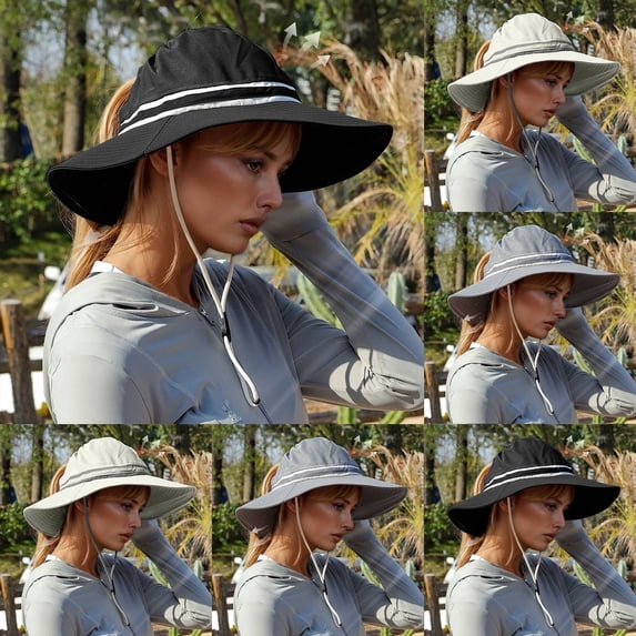 XINPING Women's Ponytail Sun Hat, Wide Brim UV Protection Adjustable Beach Hat with Chin Strap for Outdoor Activities, Hiking and Vacation