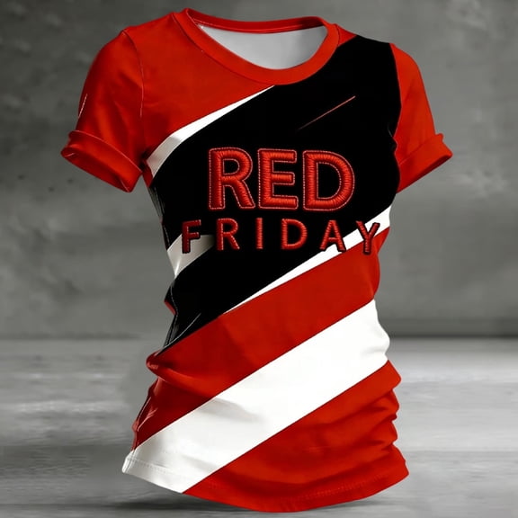 XINPING Women's Red Patriotic Print T-Shirt Short Sleeve Crew Neck Casual Tee with Letter Print Summer Comfortable Top For Ladies