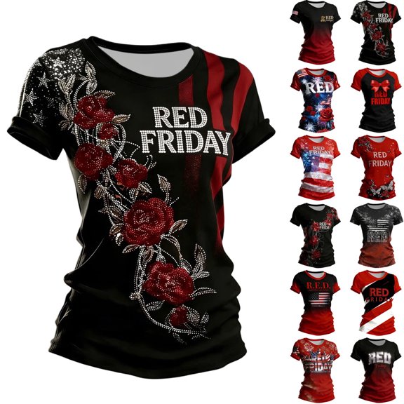 XINPING Women's Red Patriotic Print T-Shirt Short Sleeve Crew Neck Casual Tee with Letter Print Summer Comfortable Top For Ladies