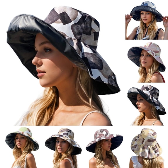 XINPING Women's Reversible Printed Sun Bucket Hat, Oversized Wide Brim UV Protection Beach Vacation Hat with Abstract Pattern, Lightweight and Packable