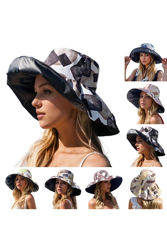 Women's Reversible Printed Sun Bucket Hat, Oversized Wide Brim UV Protection Beach Vacation Hat with Abstract Pattern, Lightweight and Packable