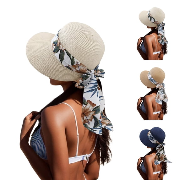XINPING Women's Tropical Scarf Straw Sun Hat, Wide Brim UV Protection Beach Vacation Hat with Floral Scarf Detail for Summer, Travel and Casual Wear