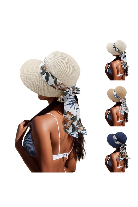 Women's Tropical Scarf Straw Sun Hat, Wide Brim UV Protection Beach Vacation Hat with Floral Scarf Detail for Summer, Travel and Casual Wear