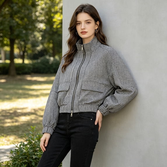 XINPING Womens Cropped Plaid Jacket Zip Up Lightweight Casual Coat Bomber Gingham Windbreaker Jacket, Vintage Plaid Stand Collar, Long Sleeve, Loose Fit, Fall Workout Outerwear with Pockets