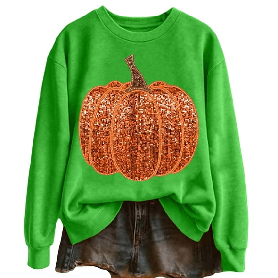 XINPING Womens Fall Sweatshirt Sequin Pumpkin Graphic Pullover Crewneck Top Shirt Oversized Long Sleeve for Halloween Autumn Cozy Soft Warm Loose Fit Daily Wear Outfit