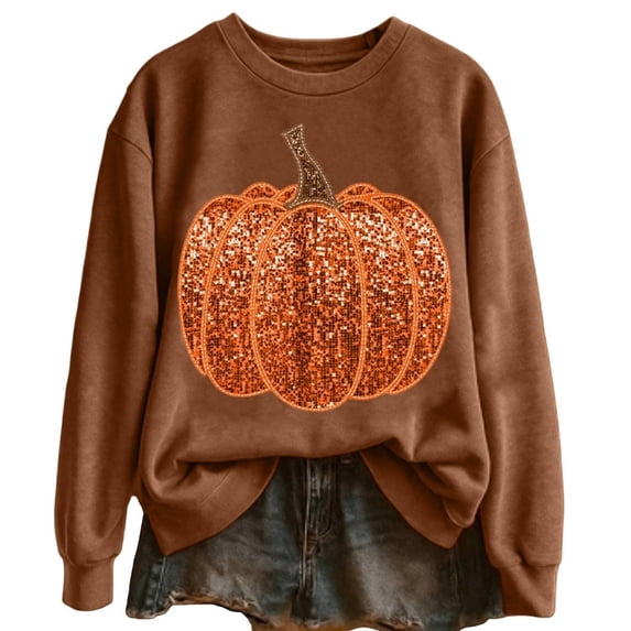 XINPING Womens Fall Sweatshirt Sequin Pumpkin Graphic Pullover Crewneck Top Shirt Oversized Long Sleeve for Halloween Autumn Cozy Soft Warm Loose Fit Daily Wear Outfit