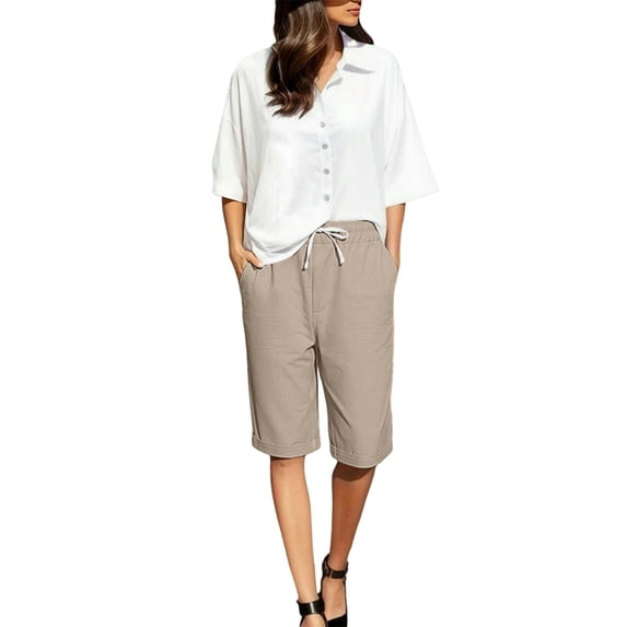 XINPING Womens Linen Shorts Summer 2026 Casual 7 Inch Cotton Drawstring Baggy Shorts Comfy Elastic Waist Beach Vacation Shorts XL