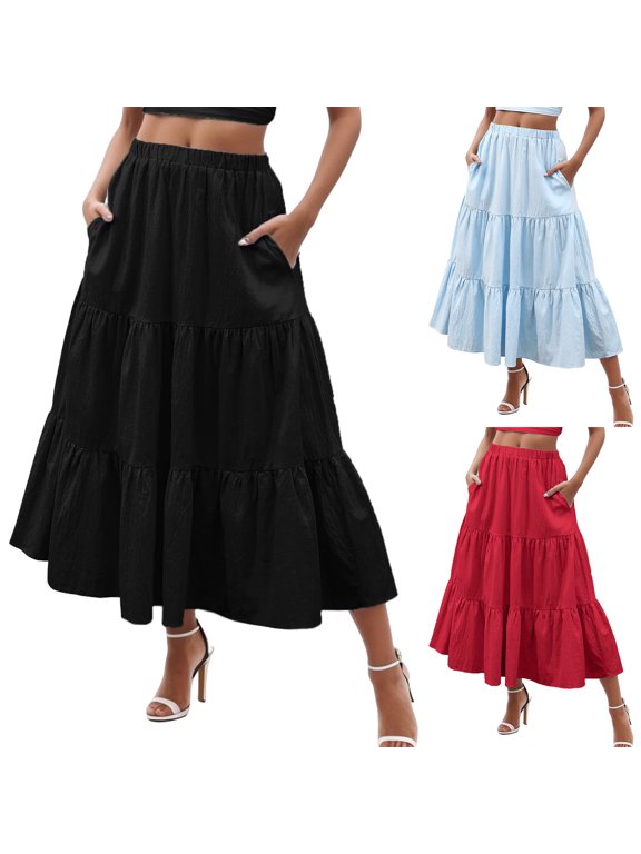 Work Skirts for Women Office Flared Ruffle Color Block Stretchy Women's Flowy Handkerchief Hemline Midi Skirt