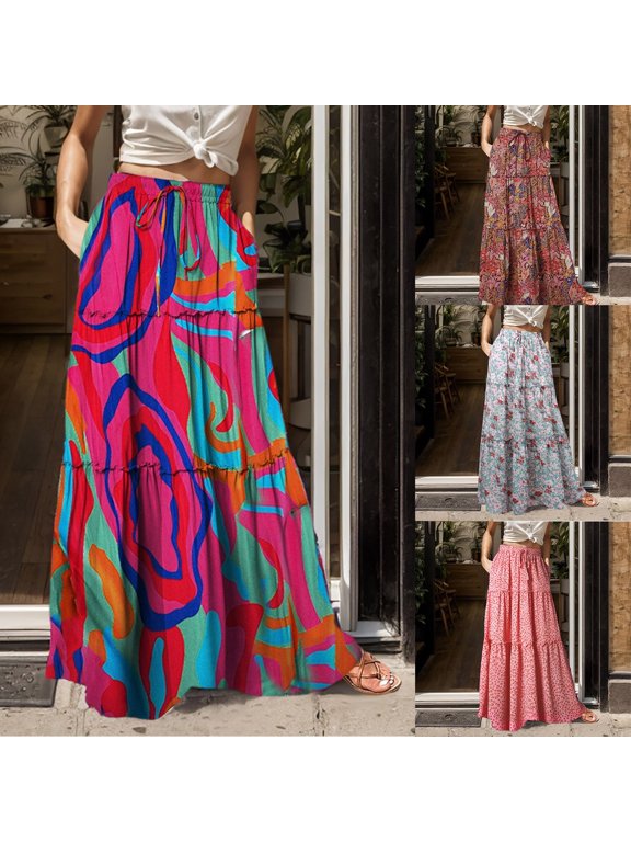 Work Skirts for Women Short Ruffle Hem Color Block Stretchy Women's Flowy Handkerchief Hemline Midi Skirt