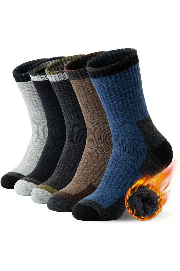 5 Pairs Mens Thermal Wool Hiking Socks Thick Warm Winter Crew, Moisture-Wicking & Non-Slip Outdoor Socks for Hiking, Hunting, Work & Everyday Wear.