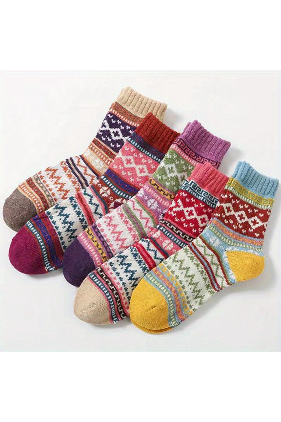 5 Pairs Vintage Thickened Striped Warm Socks Unisex Autumn & Winter Couple Socks.