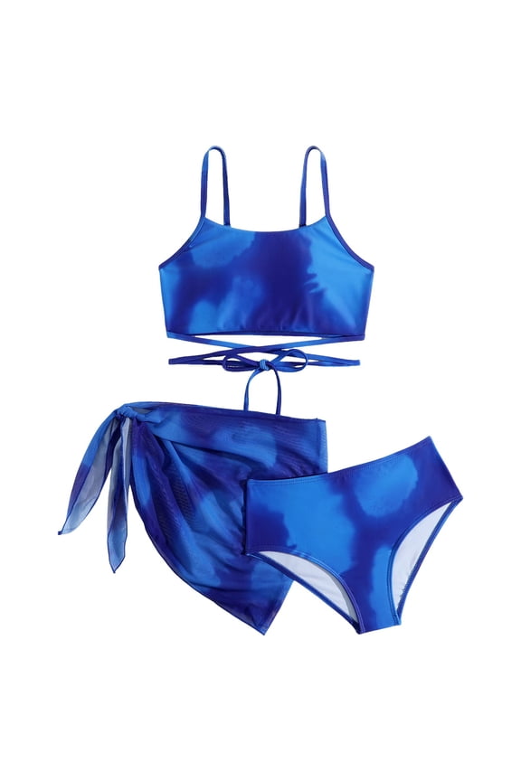 Baby Swimsuit Girl Girl's Tie Dye Criss Cross Wrap Bikini Bathing Suits 3 Piece Swimsuits Blue Size 8-9 Years
