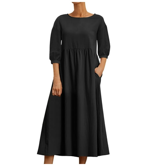 XINSDOAKK Dresses for Women Womens Fall Trendy Crew Neck A Line Flowy Casual Midi Dress with Pockets (Black,M)