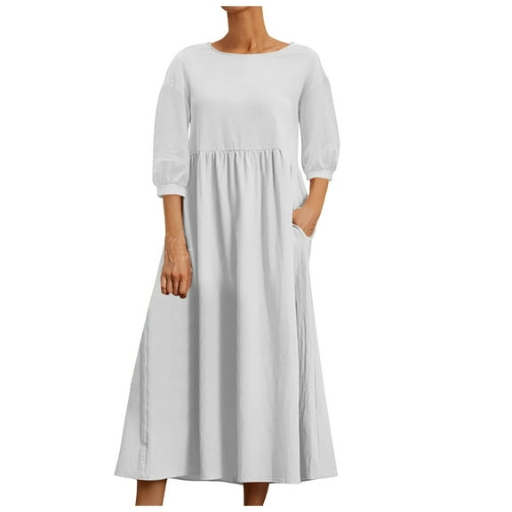 XINSDOAKK Dresses for Women Womens Fall Trendy Crew Neck A Line Flowy Casual Midi Dress with Pockets (White,M)