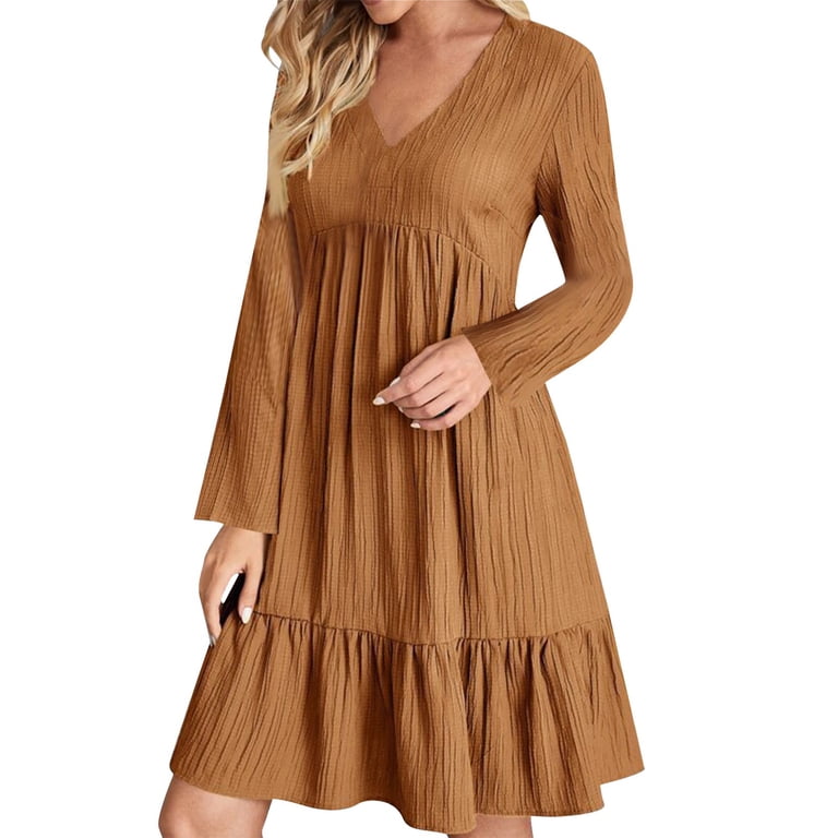 fitted lace wedding dress Amazon.com: AOMEI Women's Elegant Brown Fall Dress Beading Ruffle V Neck  Long Puff Sleeve A-Line Midi Dresses (Brown,Small) : Clothing, Shoes &  Jewelry main image 0