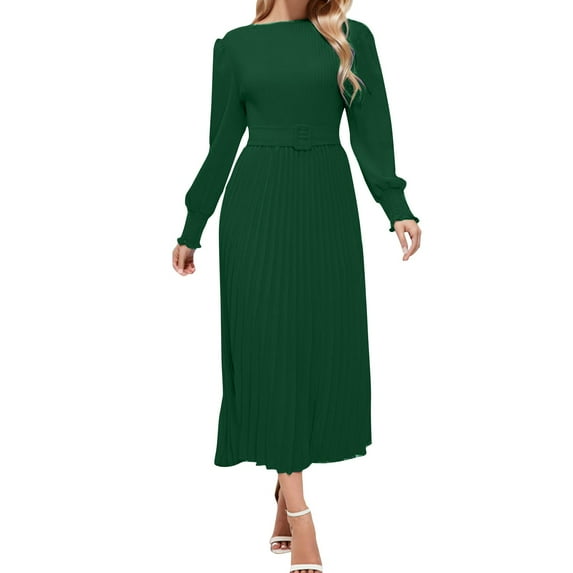 XINSDOAKK Fall Dresses for Women Plus Size Women's 2024 Fall Midi Dress Casual Long Sleeve Pleated A Line Flowy Dresses (Green,M)