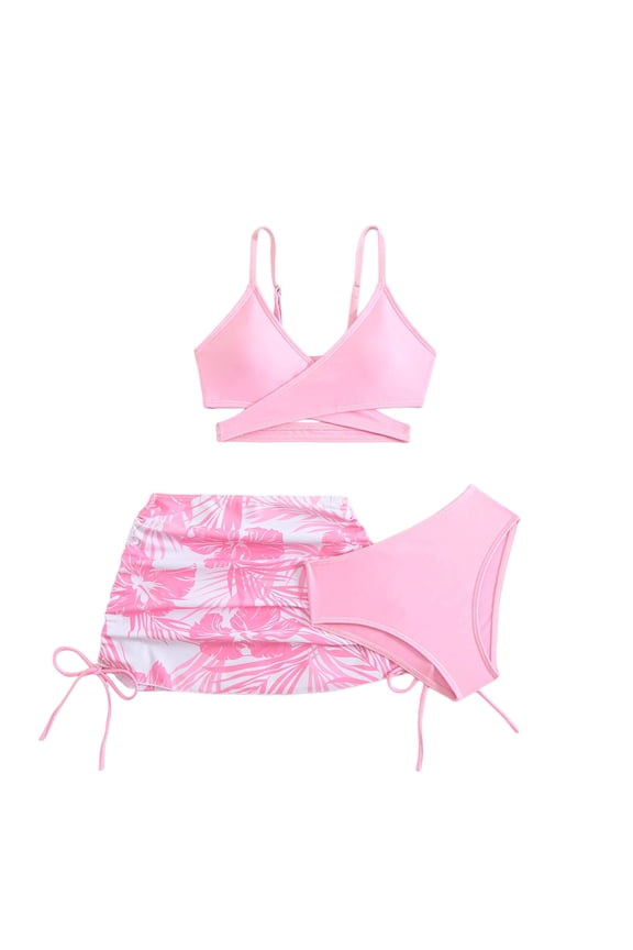 Girls Swimsuit Two Piece Teen Girls Swimsuits One Piece Kids Swimsuits with Chest Pads Girl Sun Protection Solid Color Cute Swimsuit Pink Size 9-10 Years