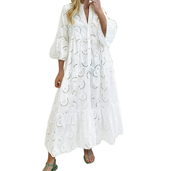 XINSDOAKK Maxi Dress for Women Wedding Guest Womens Lace Embroidered Eyelet Maxi Dresses Button V Neck Flowy Swing Hem Tiered A Line Dress (White,XXL)