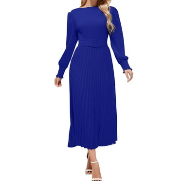 XINSDOAKK Maxi Dresses for Women 2024 Women's 2024 Fall Midi Dress Casual Long Sleeve Pleated A Line Flowy Dresses (Blue,S)