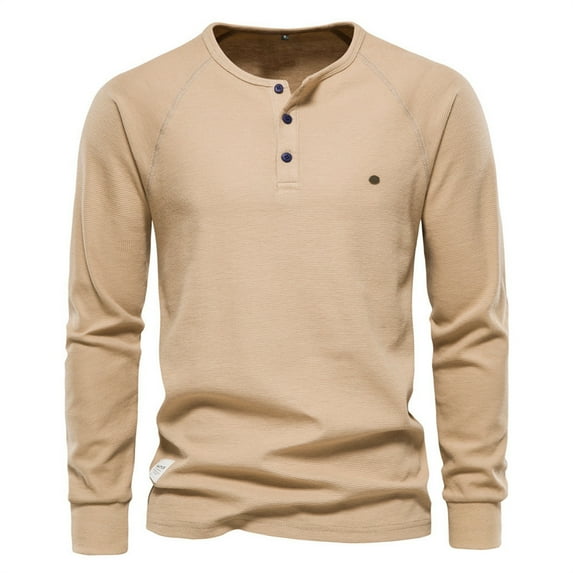 XINSDOAKK T-Shirts for Man Mens Cotton Three Button Long Sleeve Henley Shirt (Khaki,M)