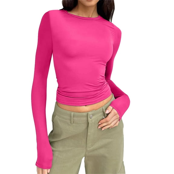 XINSDOAKK Womens Long Sleeve Shirts V-Neck Women's Underscrub Tee Long Sleeve T-Shirt (Hot Pink,M)