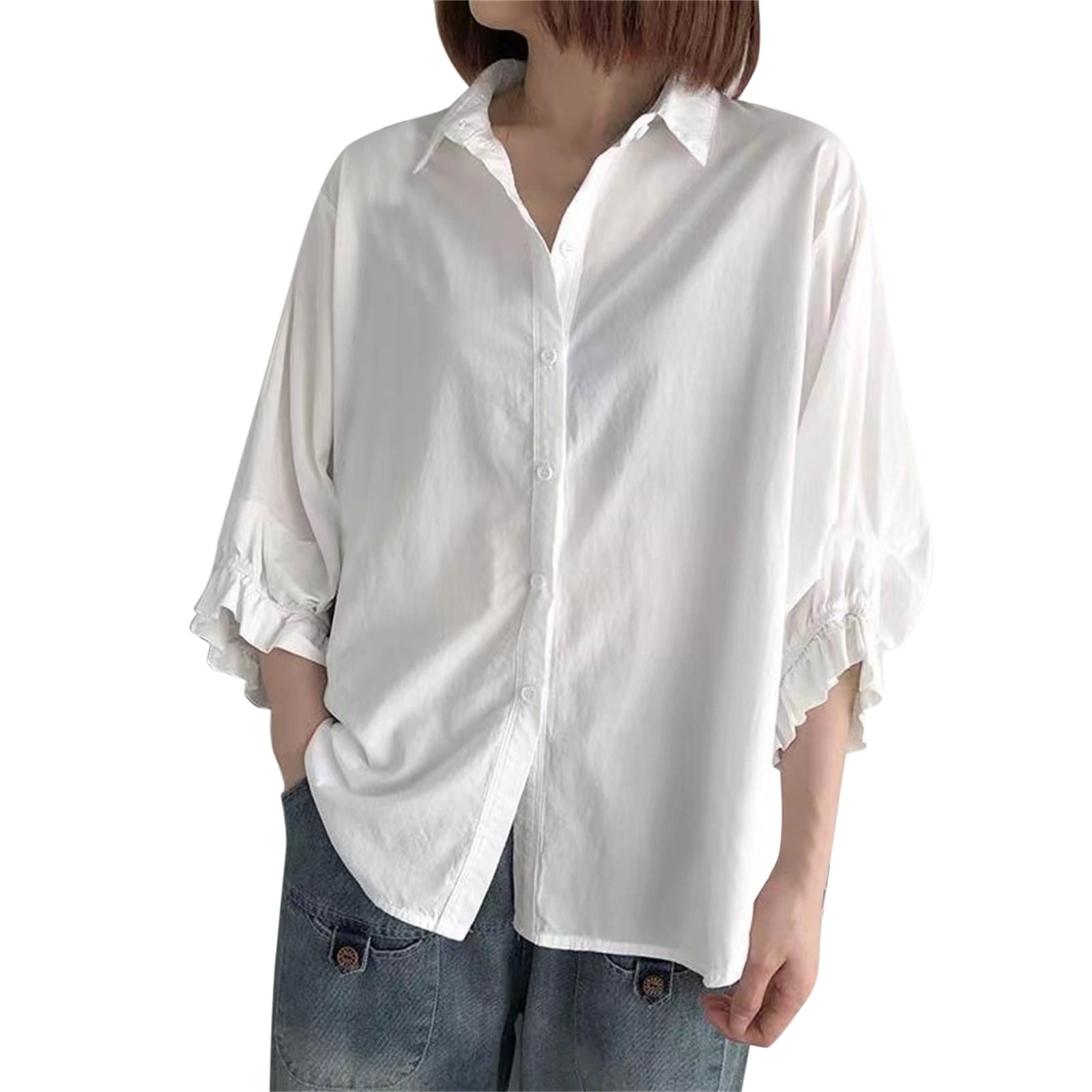 XINSHIDE Female Shirts Solid Button Shirt Blouses 3/4 Sleeve Casual ...