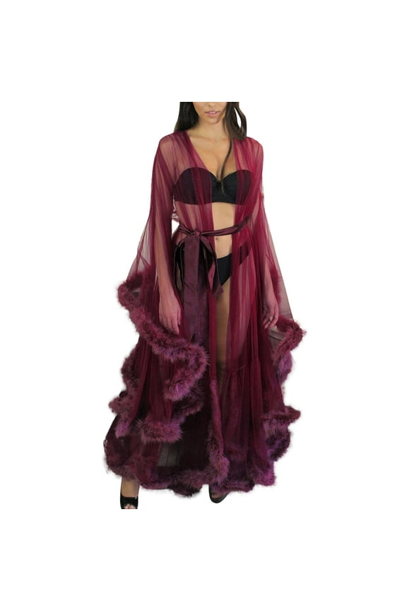 Women Fashion Tulle Robe Long Lingerie Nightgown Bathrobe Sleepwear Feather Bridal Robe Lace Lingerie Lingeries Underwear Women