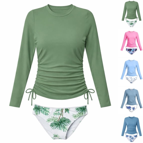 Bigetiay 2 Piece Swimsuit for Girls Long Sleeve Rash Guard Top with Swim Bottom Girls Bathing Suit 13-14Y