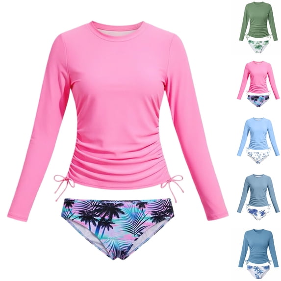Bigetiay 2 Piece Swimsuit for Girls Long Sleeve Rash Guard Top with Swim Bottom Girls Bathing Suit 6-7Y