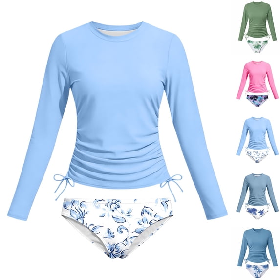 Bigetiay 2 Piece Swimsuit for Girls Long Sleeve Rash Guard Top with Swim Bottom Girls Bathing Suit 6-7Y
