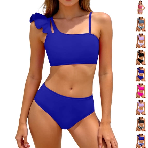 Bigetiay 2 Piece Swimsuit for Girls One Shoulder Ruffled Sleeve Bikini Set with Adjustable Straps Girl Bathing Suit 11-12 Years
