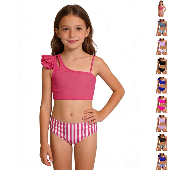 Bigetiay 2 Piece Swimsuit for Girls One Shoulder Ruffled Sleeve Bikini Set with Adjustable Straps Girl Bathing Suit 12-13 Years