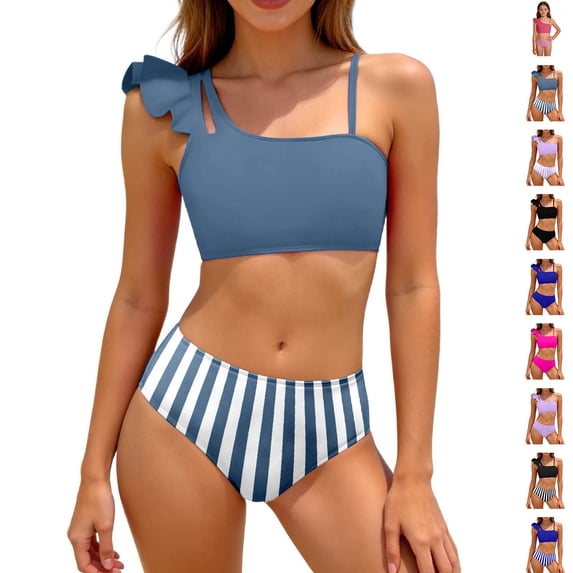 Bigetiay 2 Piece Swimsuit for Girls One Shoulder Ruffled Sleeve Bikini Set with Adjustable Straps Girl Bathing Suit 13-14 Years