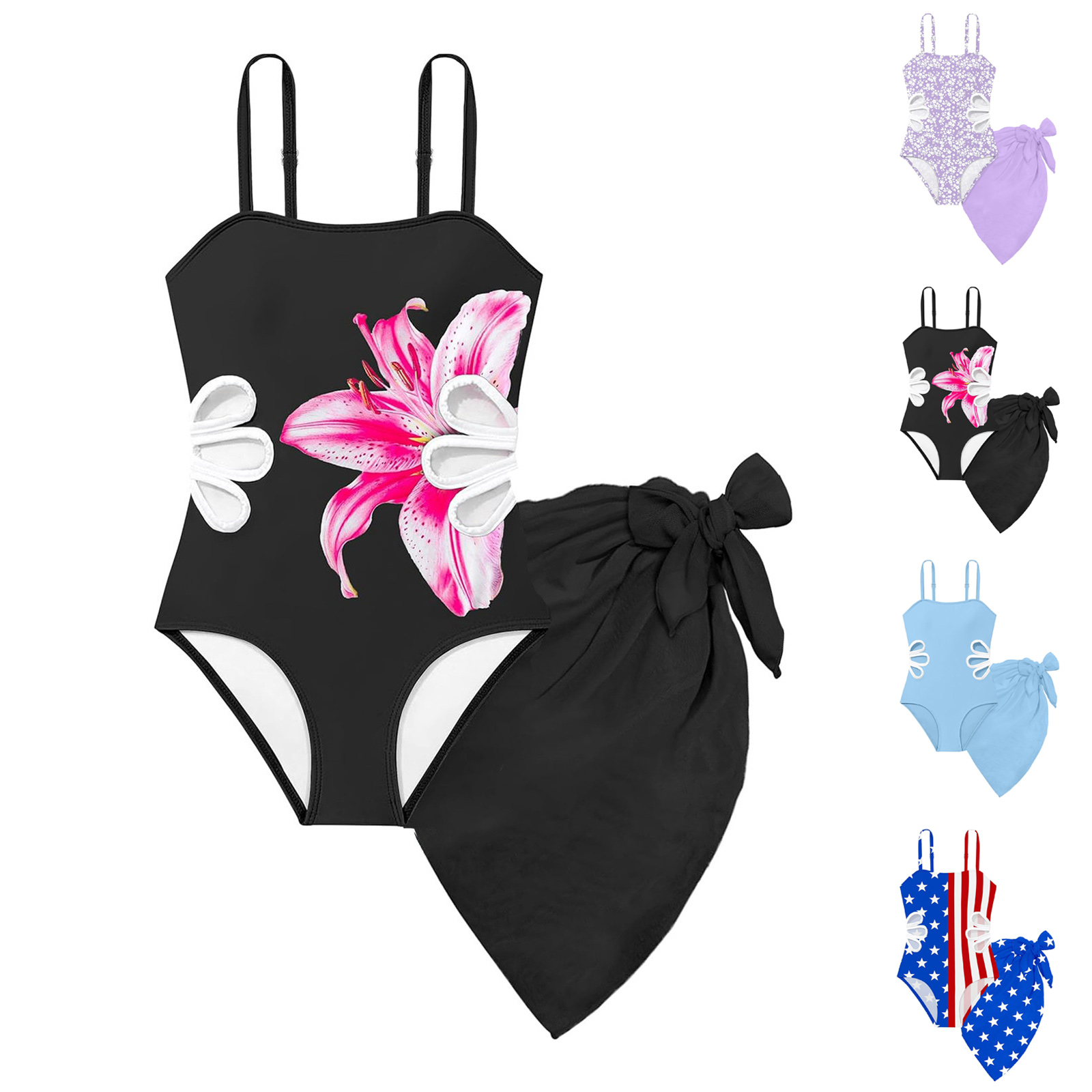 XINXIAOO 2 Piece Swimsuit for Girls Tropical Cut out Swimsuit with Cover up Kids Bathing Suits, Size 8Y-16Y
