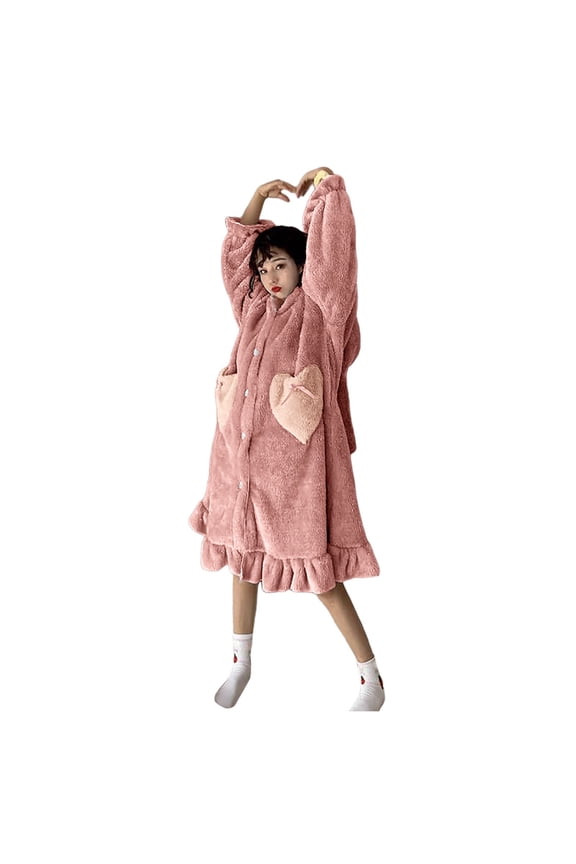 2024 New Winter Cute Cartoon Coral Velvet Pajama Women's Thick Nightgown Can Be Worn Outside The Home Wear Long Robes for Women plus Robe for Women Satin Towel Wraps for Women with Buttons