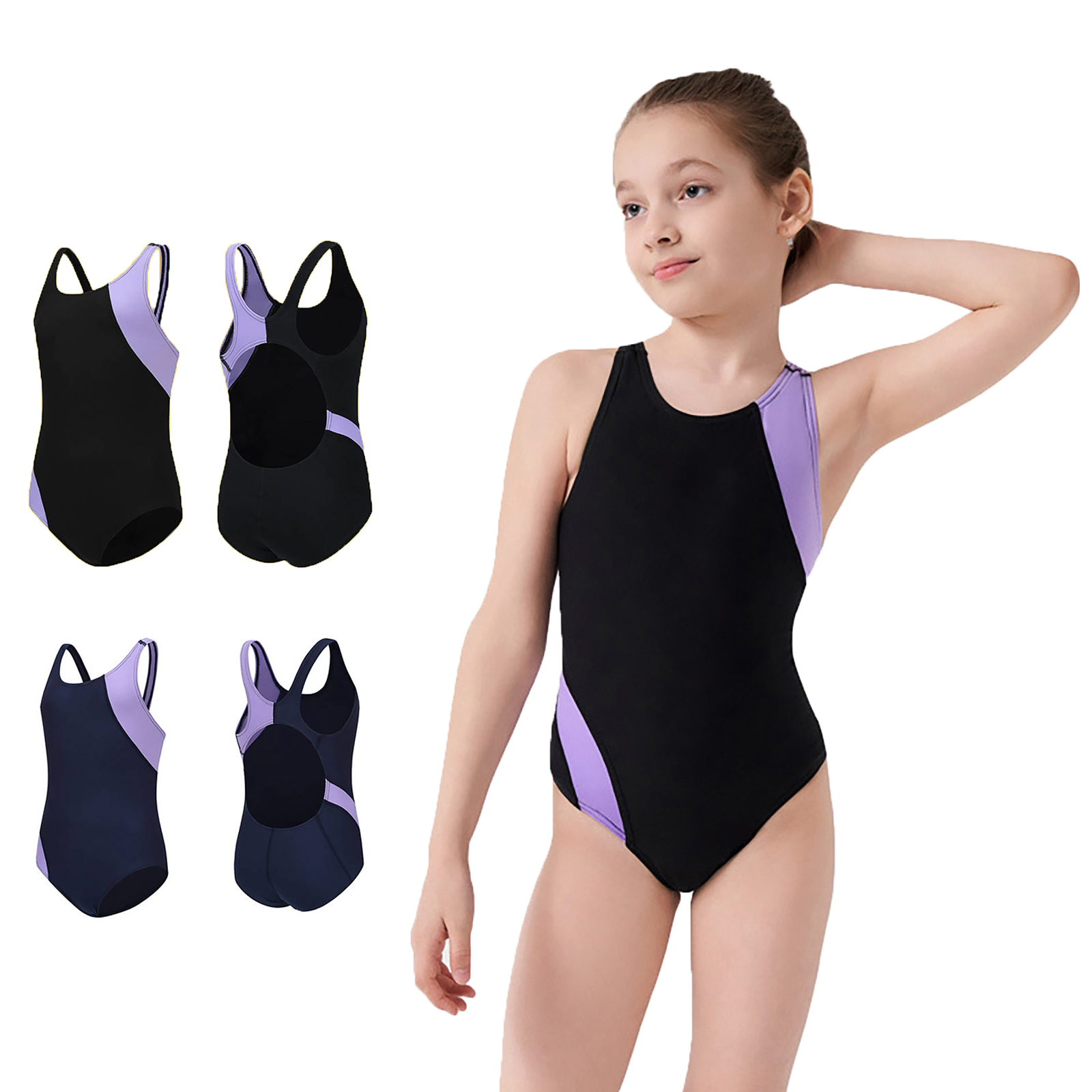 XINXIAOO Athletic Girls 1 Piece Swimsuit Round Neck Sleeveless Solid Color Cut Out Bathing Suit Summer Beach Vacation Swimwear for Kids 3-4 Years