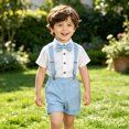 thumbnail image 1 of XINXIAOO Baby Boys Summer Clothes Toddler Wedding Outfit Short Sleeve Shirt Shorts Bow Tie and Suspenders Kids Gentleman Sets 12-18 Months, 1 of 4