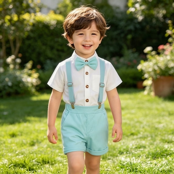 XINXIAOO Baby Boys Summer Clothes Toddler Wedding Outfit Short Sleeve Shirt Shorts Bow Tie and Suspenders Kids Gentleman Sets 5-6 Years