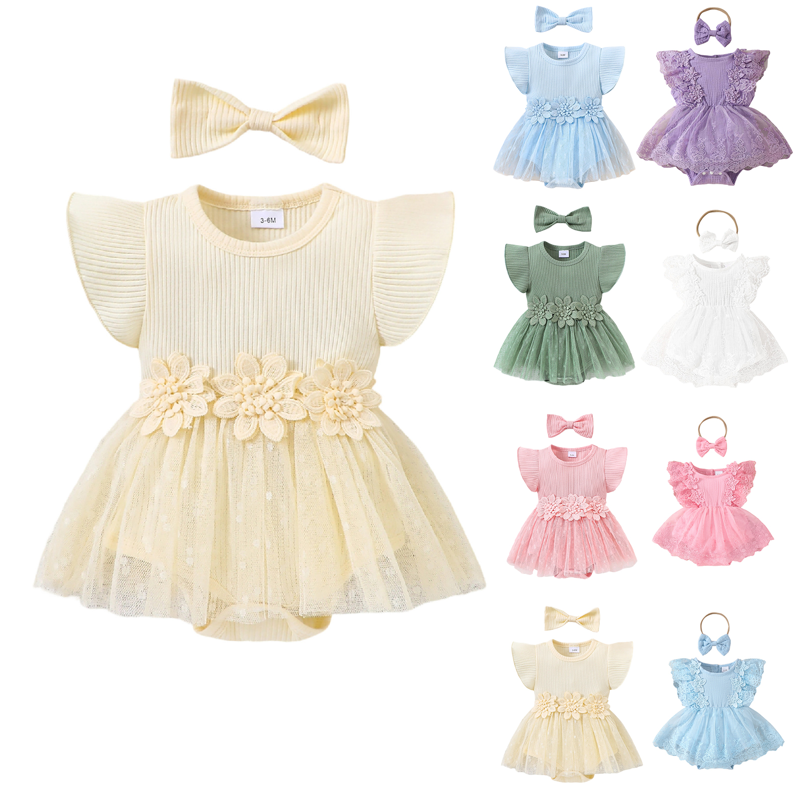XINXIAOO Baby Clothes Soft Short Sleeve Bodysuits Romper with Bow Headband Outfit Set 3-6 Months Girl Clothes